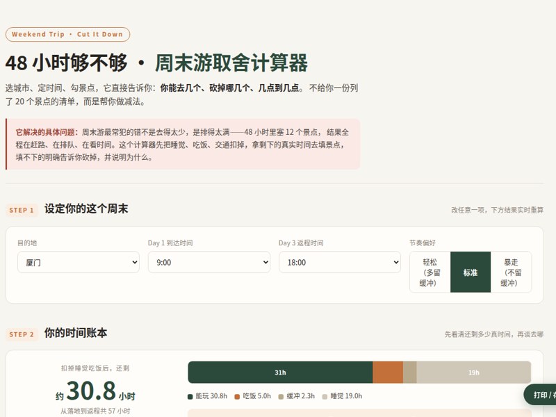 48 小时够不够·周末游取舍计算器